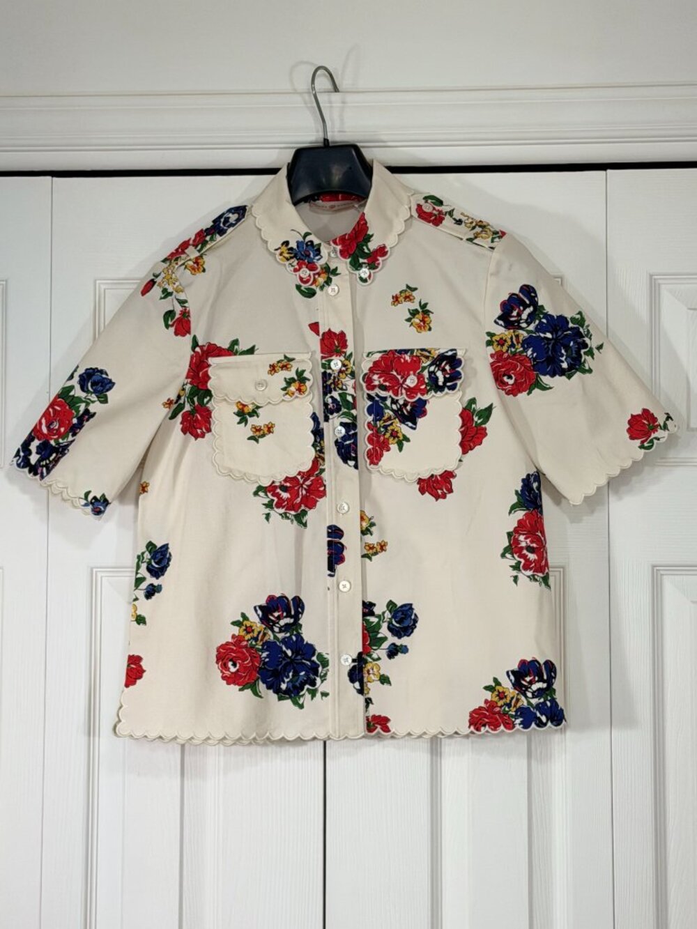 Tory Burch Floral Print Shirt with Scalloped Edges